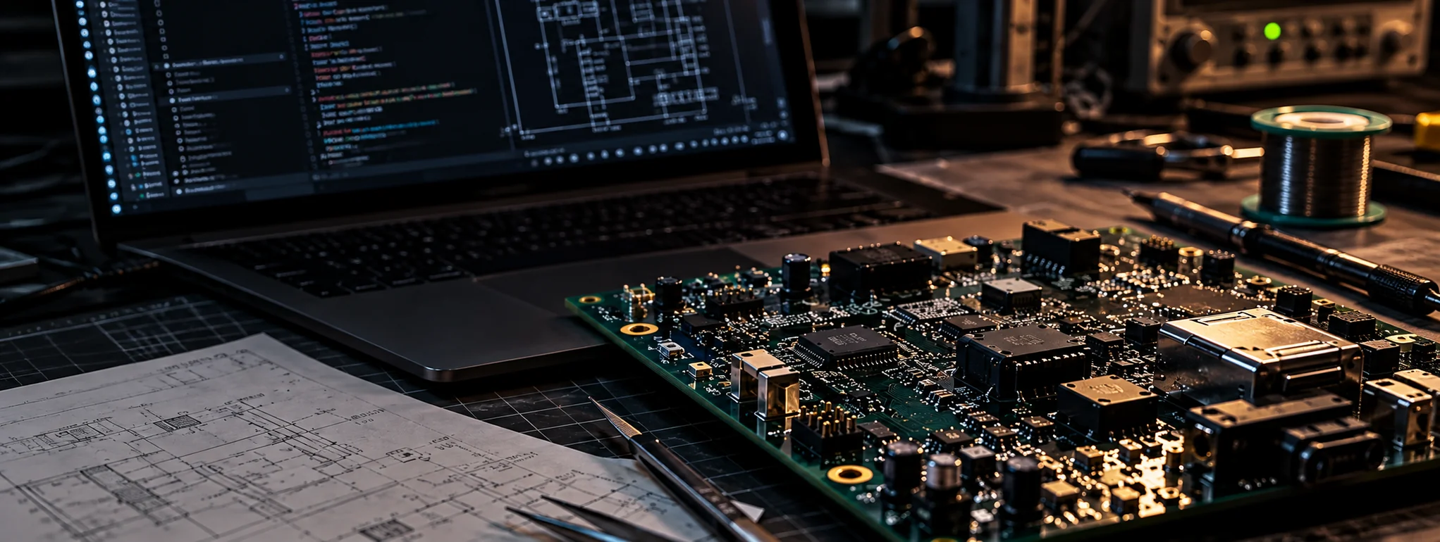 Detailed circuit board on an engineering workbench with code, schematics and drafting tools in the background