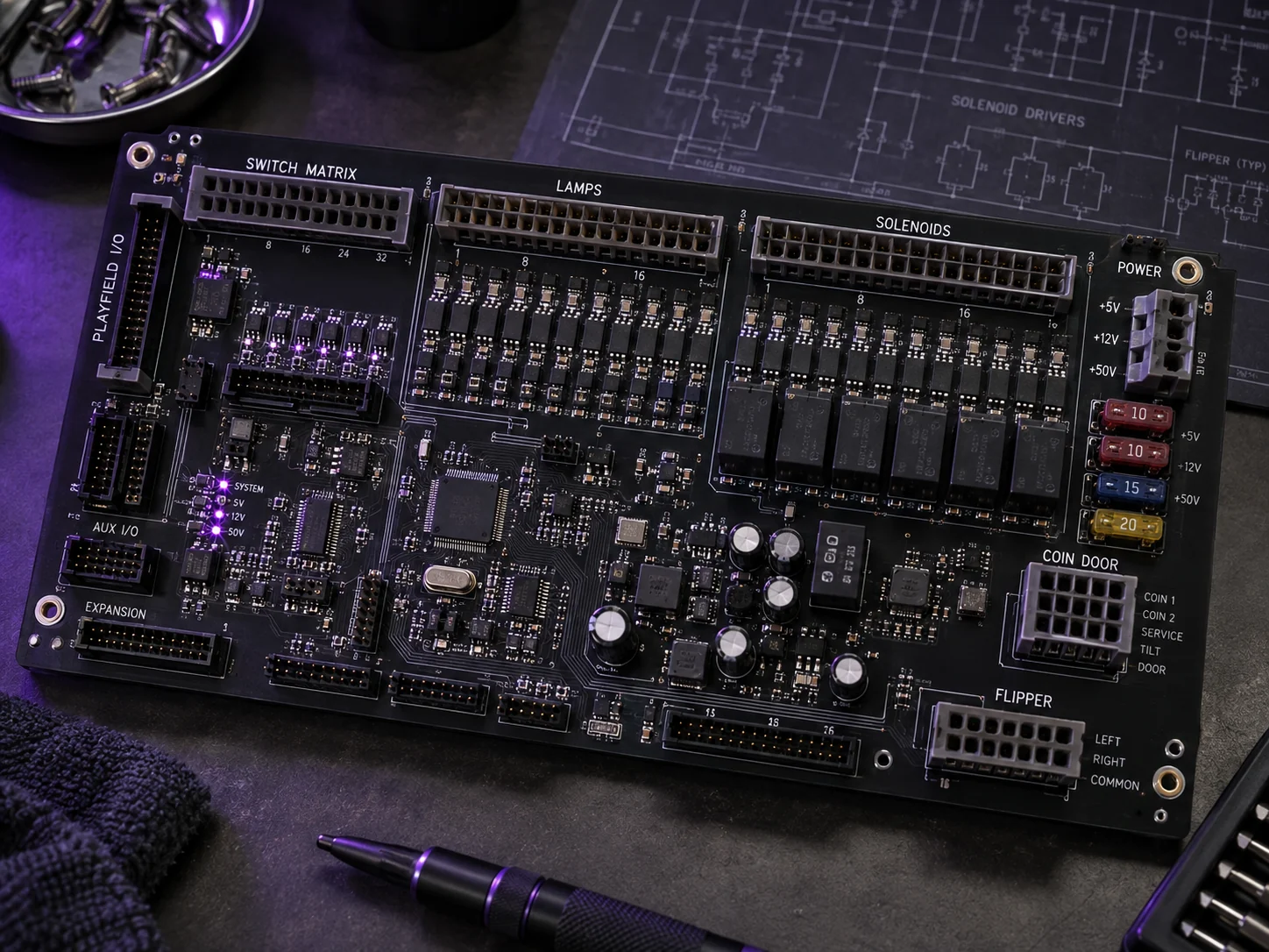 Modern replacement pinball control PCB on a workbench under purple lighting
